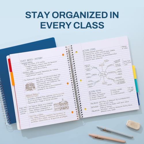 SUNEE 5 Subject Notebook College Ruled - 400 Pages, 9"x11", 5 Pocket Colored Dividers, 3-Hole Punched Paper, Dark Blue - color: Dark Blue, style: College Ruled