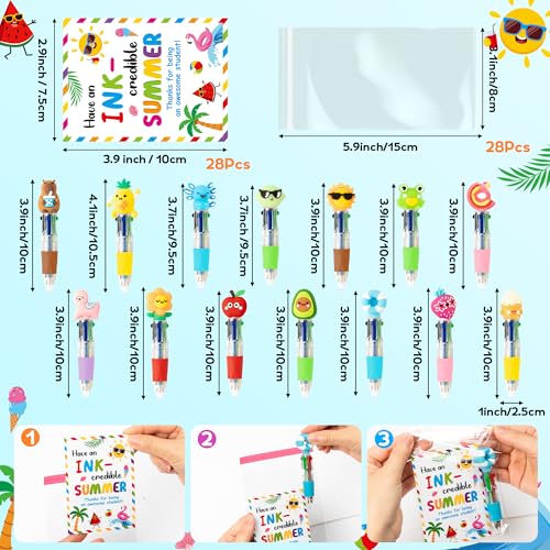ANGOLIO End of Year Student Gifts Bulk 28 Sets Cute Summer 4 in 1 Multicolor Ballpoint Pens with Gift Cards for Summer Graduation Birthday Party Favors School Classroom Supplies Kids Students Rewards - style: Summer