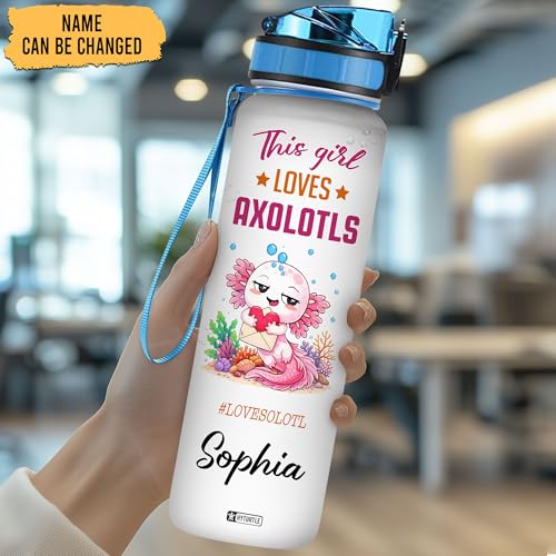 Hyturtle Personalized Axolotl Water Bottle - 32oz Motivational Water Bottle with Leak-Proof Lid & Time Marker - Custom Name Gift for Axolotl Lovers, Women, Girls, Boys - Birthday & Christmas Gift - color: Axolotl