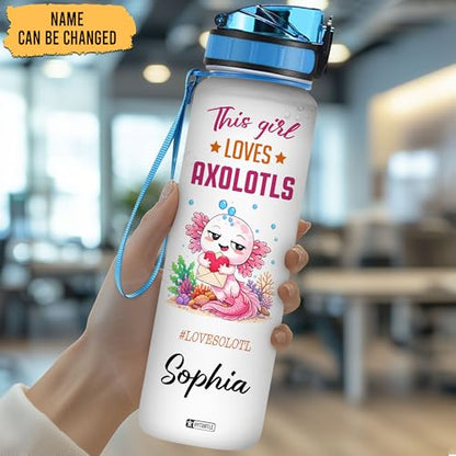 Hyturtle Personalized Axolotl Water Bottle - 32oz Motivational Water Bottle with Leak-Proof Lid & Time Marker - Custom Name Gift for Axolotl Lovers, Women, Girls, Boys - Birthday & Christmas Gift - color: Axolotl