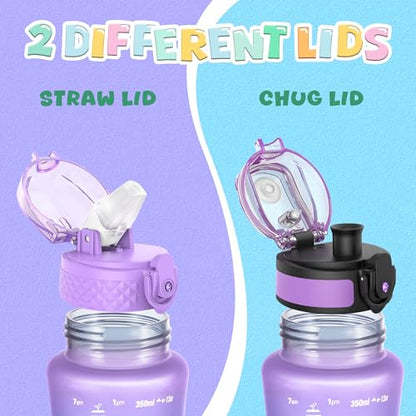 OLDLEY Kids Water Bottle for School, 12 oz (2 lids) BPA-Free Reusable Leak-proof Durable Tritan Plastic Water Bottles with Straw & Chug Lids, Anti-dust Spout Cover (Macaroon) - color: Macaroon, size: 12 Ounces