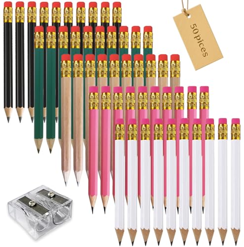 Adhere 25pcs Golf Pencils with eraser Hexagon Wooden Pencils Graphite 2B for Golf Event Scoring,Classroom,Wedding,Company Meetings,Pew, Pocket (Black・White・Green・Pink・Nature・50pcs) - color: Z-Black・White・Green・Pink・Nature・50pcs