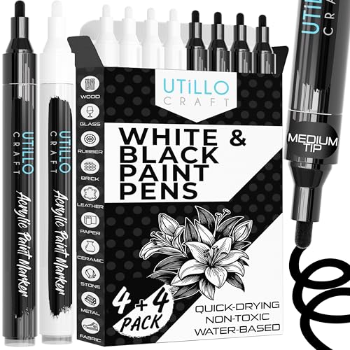 Utillo Craft Black and White Paint Pens (8-Pack) Medium Paint Markers for Metal, Fabric, Wood, Glass, Paper, Plastic, Rock, Leather | Bold Color Permanent Black and White Acrylic Markers 2-3mm - color: White+Black, style: Medium 8PK