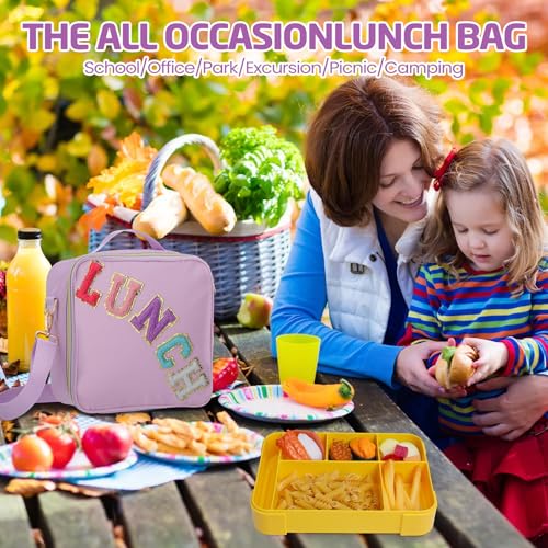 Ziliny Lunch Box Kids with Insulated Lunch Bag, 45 oz Bento Box for Boys Girls,Large Nylon Preppy Lunch Bag with Adjustable Shoulder Strap Reusable Bento Box for School Picnic(Purple,Purple Yellow)