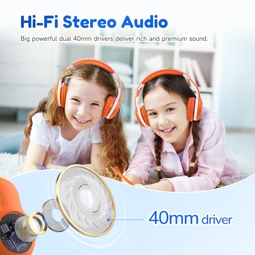 EarFun K2 Kids Bluetooth Headphones, Kids Headphones with Volume Limited, 40H Playtime, Built-in Mic, Stereo Sound, Foldable Over-Ear Headphone for School/Travel/iPad/Tablet, Orange - color: Orange