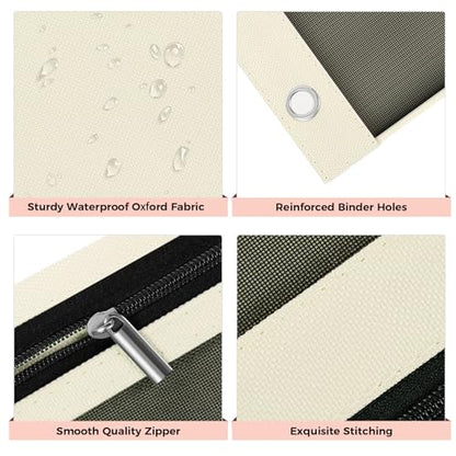 SKYDUE 3 Ring Pencil Pouch for Binder, Zipper Binder Pencil Pouch with 3 Pockets and Mesh Window, Durable Organizer for School Supplies, Cables, Earbuds, Makeup - color: Beige