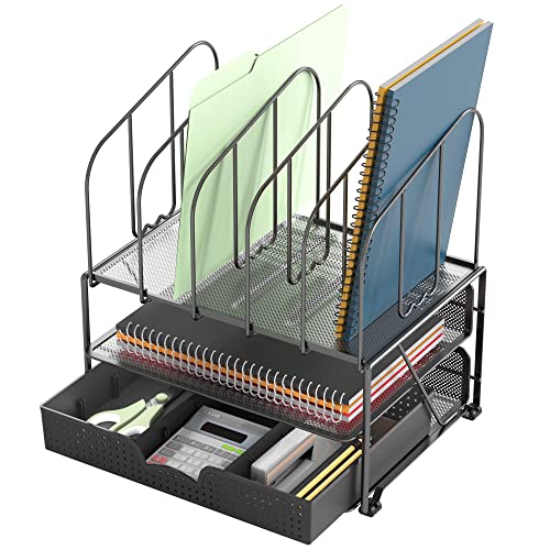 Deco Brothers Mesh Desk Organizer with Double Tray, 5 Upright Sections and Sliding Drawer, Black | Sliding Drawer with Adjustable Dividers, Black - color: Black