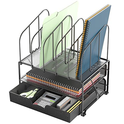Deco Brothers Mesh Desk Organizer with Double Tray, 5 Upright Sections and Sliding Drawer, Black | Sliding Drawer with Adjustable Dividers, Black - color: Black