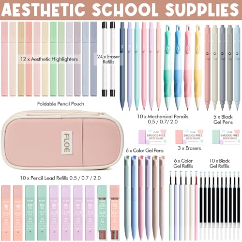 65PCS Aesthetic School Supplies Back to School Supplies Cute Stationary Set | College Essentials Kit with Pencil Case, Pastel Highlighters Gel Pens Mechanical Pencil Set 0.5 0.7 & 2.0mm for Student Girls - color: Pink