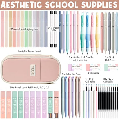 65PCS Aesthetic School Supplies Back to School Supplies Cute Stationary Set | College Essentials Kit with Pencil Case, Pastel Highlighters Gel Pens Mechanical Pencil Set 0.5 0.7 & 2.0mm for Student Girls - color: Pink