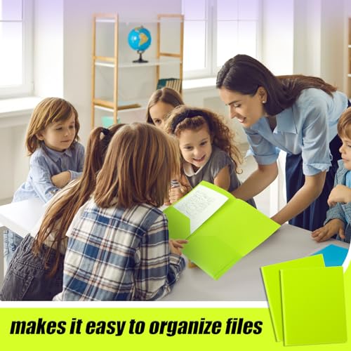 Gueevin 100 Pack Plastic Folder with Pockets, 2 Pocket Folders, Plastic Glossy Folders Fit Letter Size Paper, Heavy Duty Durable File Folder with Business Card for Home Office School (Lime Green) - color: Lime Green