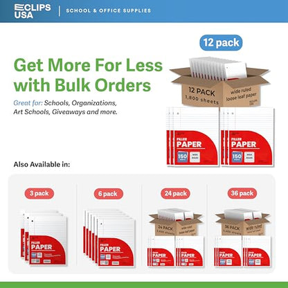 Wide Ruled Loose Leaf Paper Wide Ruled Notebook Paper Lined Writing Filler Paper 10.5” x 8” 56 gsm 1800 Sheets 150 Sheet Per Pack (12 Pack) - size: 12 Pack