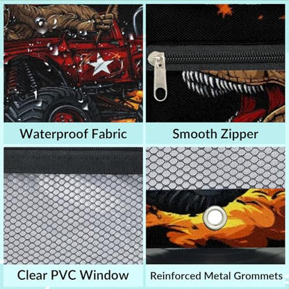 Truck Dinosaur Pencil Pouch for 3 Ring Binder American Flag Pencil Case Bag with Clear Window Zipper Pockets for Kids Girls Boys Students School College Supplies 2 Pack - color: Red Orange