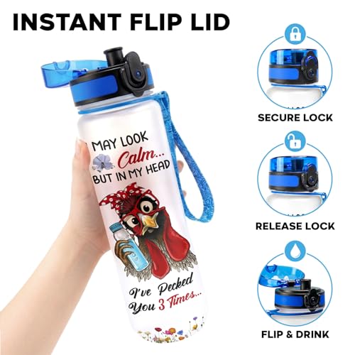 Funny Chicken Water Bottle 32oz, Stop Slacking Drink Your Water Tumbler with Time Marker, Cute Rooster Farm Gift for Chicken Lovers Women Mom - color: Chicken