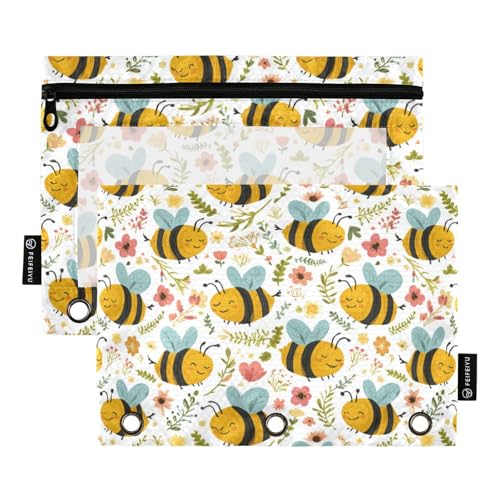 Binder Pouches,Honey Bee Pencil Pouch for 3 Ring Summer Flowers Binder 2 Pack Clear Pencil Bag with Zipper for Office School Supplies - color: Multicolored 7