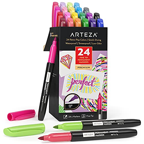 ARTEZA Permanent Markers, Set of 24, Fine Tip, Retro Pop Colors - style: 24 Retro Pop Colors
