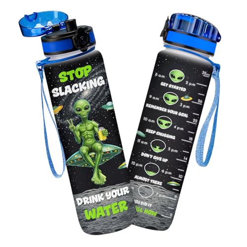 Funny Alien Water Bottle 32oz Plastic with Time Marker Space Humor Birthday Gift for Teens Daily Motivation with Aliens Drinking Bottle - color: Black Green
