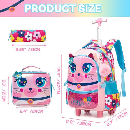 Meetbelify Rolling Backpack for Girls Backpacks with Wheels for Elementary Preschool Students Kids 3 in 1 Travel Luggage Carry on Suitcase with Lunch Box Pencil Case for Girls Age 8-10 - color: Bell Cat