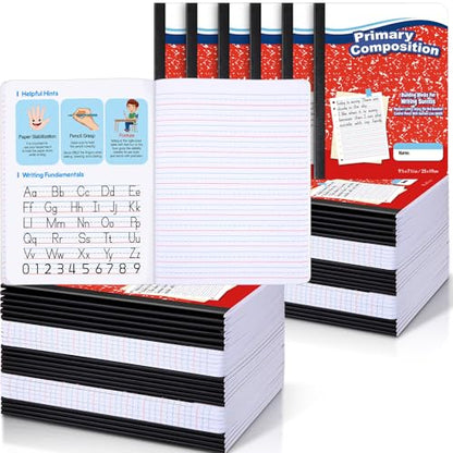 Watersay 60 Pack Primary Ruled Composition Notebook, Grade K-2 Journal 50 Sheets, 7-1/2" x 9-3/4" Primary Composition Book Writing Notebook for Kids Kindergarten Preschool 1st 2nd Grad (Red) - color: Red