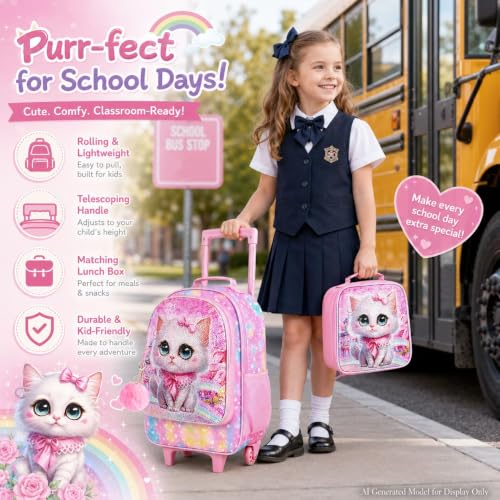 WZLVO 4PCS Rolling Backpack for Girls, Kids Cat Roller Backpacks with Wheels for Kids, Wheeled Bookbag Set for Toddler Elementary School - color: Cat Pink
