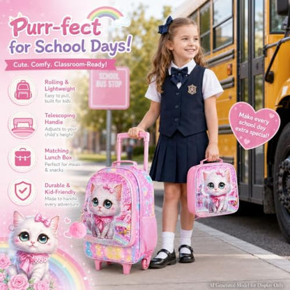 WZLVO 4PCS Rolling Backpack for Girls, Kids Cat Roller Backpacks with Wheels for Kids, Wheeled Bookbag Set for Toddler Elementary School - color: Cat Pink