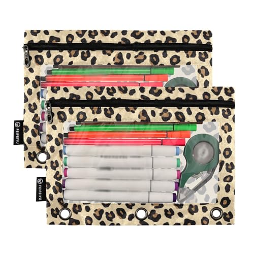 2 Pack 3 Ring Binder Pencil Pouch Leopard Print Pencil Case Pencil Bags with Zipper, Clear PVC Binder Pockets for Office Daily Supplies - color: Color 2