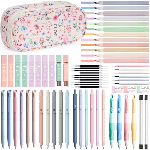 65PCS Aesthetic School Supplies Back to School Supplies Cute Stationary Set | College Essentials Kit with Pencil Case, Pastel Highlighters Gel Pens Mechanical Pencil Set 0.5 0.7 & 2.0mm for Student Girls - color: Pink Floral