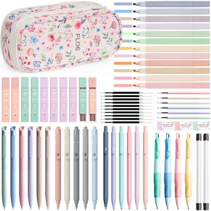 65PCS Aesthetic School Supplies Back to School Supplies Cute Stationary Set | College Essentials Kit with Pencil Case, Pastel Highlighters Gel Pens Mechanical Pencil Set 0.5 0.7 & 2.0mm for Student Girls - color: Pink Floral