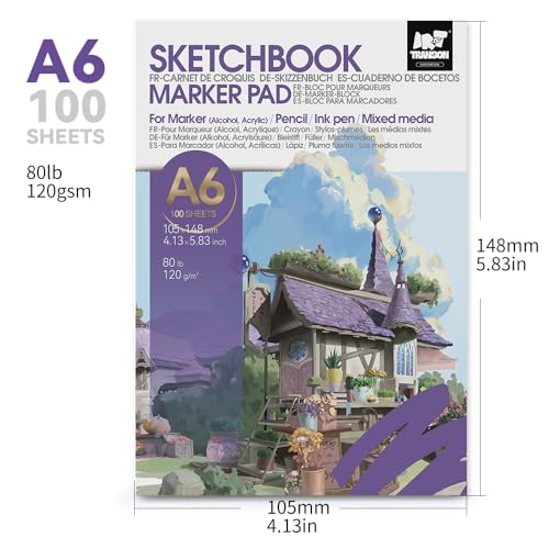 TRANSON 2 Pack A6 Mini Sketchbook Marker Pad, 80lb/120gsm Heavyweight Art Paper, No Bleed Through, 100 Sheets/200 Pages 4.13"x5.83" for Drawing & Sketching - size: 2 PACK A6 120gsm