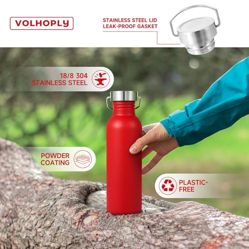 Volhoply 26oz Uninsulated Single Walled Water Bottle, Stainless Steel Reusable Water Bottles with Handle & Carabiner, BPA Free Wide Mouth Water Bottles for Gym Sports Camping（Red,1） - color: Red