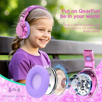 QearFun Kids Bluetooth Headphones, 60H Playtime, 74/85/94dB Safe Volume Limit, Metallic Gradient Wireless Headset with HD Mic, Fast Charging, Foldable, Wired 3.5mm Mode for School/Tablet/Travels - color: A-Purple