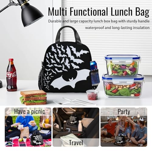Bats Halloween Lunch Bag Insulated Lunch Box Large Capacity Meal Tote for Kids Women Men Cooler Bag Waterproof Adjustable Shoulder Strap Bat Lunch Tote for Work School Picnic Travel Office Hiking - color: Bat01