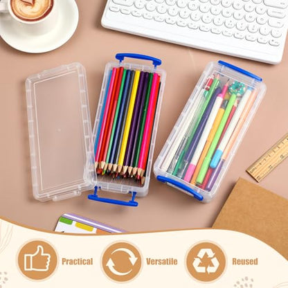 Gueevin 24 Pcs Large Capacity Plastic Pencil Box Clear Plastic Pencil Case Crayon Box with Snap Tight Lid Watercolor Pen Storage Brush Organizer Drawing Tools Container (Blue) - color: Blue