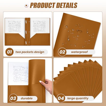 Yeaqee 30 Plastic Folders with Pockets and Prongs Plastic Folder 2 Pockets 3 Prongs with Card Slot for Office, School for Students, Teachers, Office Workers (Brown) - color: Brown