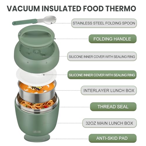 wiwens Thermo Food Jar for Hot Food Adults 32OZ Soup Thermo Lunch Containers Wide Mouth Vacuum Insulated Stainless Steel Leakproof Bento Box with Spoon - color: Green3