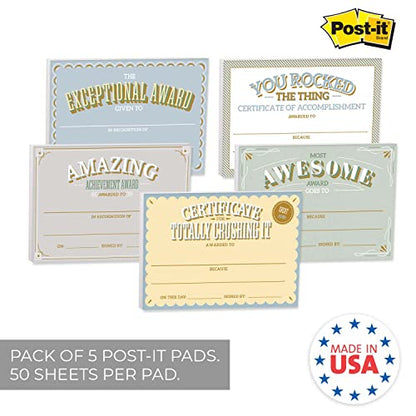 Motivational Achievement Certificate Fill in Sticky Note Pads / 6" x 4" Repositionable Recognition Award Sticky Pads / 50 Sheets Per Pad/Set of 5 Designs/Made in USA - color: Motivational