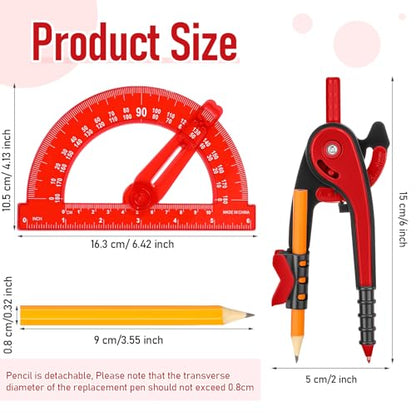 Zonon 2 Pcs Student Protractor and Compass, Student Geometry Math Set Drawing Compass and 180 Degree 6 Inch Protractor with Swing Arm for Drawing Measuring School Office (Red) - color: Red