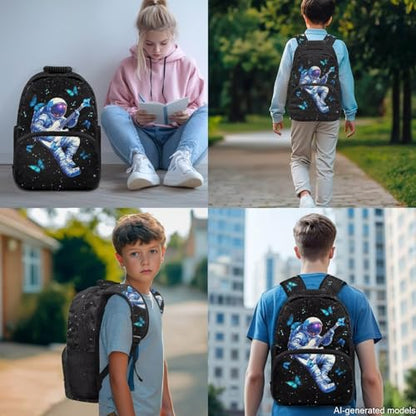 17 Inch Kid's 4PCS Backpack Set, Back to School Essentials | Insulated lunch box, water bottle pouch, pencil case, lightweight, padded shoulder straps, for elementary, middle school - color: Starry Astronaut