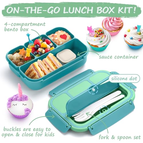 QQKO Bento Box for Kids Adults, School Toddler Lunch Box for Boys Girls, Lunch Box Containers with 4 Compartments, Sauce Container, Utensils, Food Picks and Muffin Cups for School, Green - color: Green