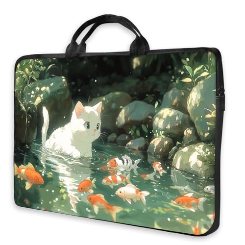 Canvas Laptop Sleeve Shockproof Tablet Carrying Bag with Zip Pocket for Women Men Work - color: White Cat Koi Fish Pond Art Print, size: 13 inches