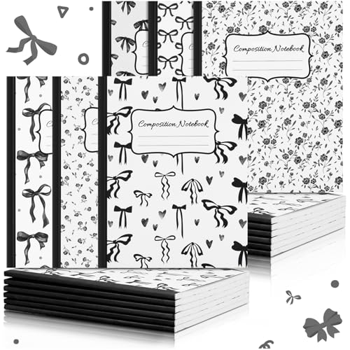 Fullhawl 6 Pack Composition Notebook College Ruled Bulk Black Bow Composition Notebook Preppy Aesthetic for Back to School Supplies 110 Pages 9-3/4 x 7-1/2" Journal for First Day of School Office - color: Black, size: College Ruled