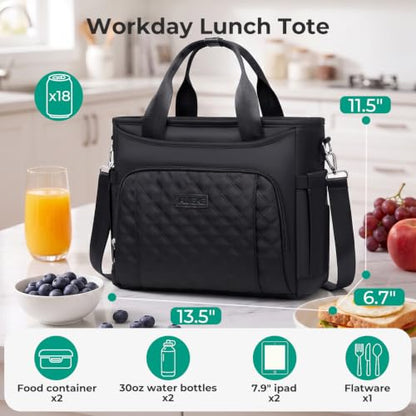 AIJIEKE Large Insulated Lunch Bag for Women Men, Work Lunch Box Tote, Black | Leakproof, durable multi-compartment cooler. Reusable with shoulder strap. Perfect for travel meal prep, picnic, beach - color: Black