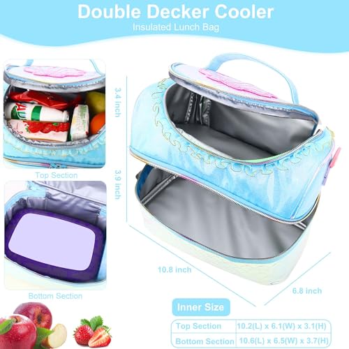 RHCPFOVR Kids Lunch Bag - Double - Decker Cooler Insulated Lunch Box for Boys Girls Women,Washable Lunch Bag with Strap and Reusable Toddler Lunchbox for School and Daycare - color: Blue Mermaid