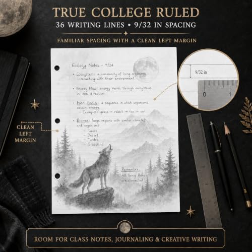 Alpha & Luna Dark Fantasy Wolf Loose Leaf Paper, 50 Sheets, College Ruled