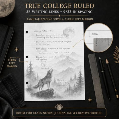 Alpha & Luna Dark Fantasy Wolf Loose Leaf Paper, 50 Sheets, College Ruled