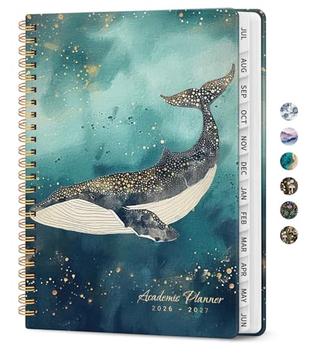 Planner 2026-2027, Academic Monthly and Weekly Calendar Planner for Women, July 2026 - June 2027, Hardcover Pretty Agenda Planner Book with Tabs, Spiral Daily Organizer for School Office Home Supplies, 6.3" x 8.5" - Whale Dreams - color: B-Whale Dreams, s