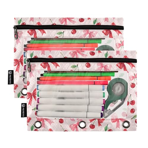 2 Pack Pencil Pouch for 3 Ring Binder Cherry Pink Bow Pencil Case Pouch with Clear Window Zipper Binder Pencil Pouches Pen Bag for Office School Supplies - color: Cherry Pink Bow