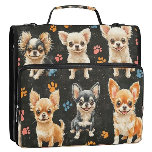 Boccsty Colorful Paw Prints Chihuahuas Dogs Zipper Binder 3 Ring Binders Expanding File Folder Multi-Pocket Zipper Binder Organizer for School Shoulder Strap and Handle