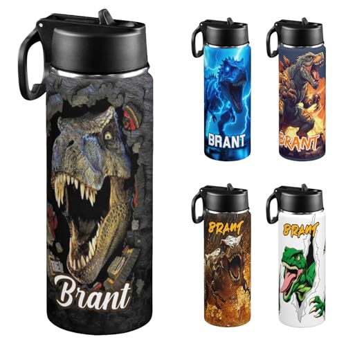 Personalized Dinosaur Water Bottle for Boys, Customized Kids Insulated Bottle with Name for Kids for School, Stainless Steel Thermo with Straw, 18oz - color: Dinosaur