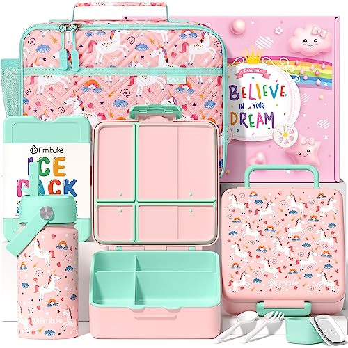 Fimibuke Kids Bento Lunch Box with 4 Compartments, Insulated lunch Bag, Stainless Steel Insulated Water Bottle, Ice Pack & Utensils Set, Birthday Gifts for Ages 3-12 Back to School Toddler Girls Boys - color: A1. Unicorn
